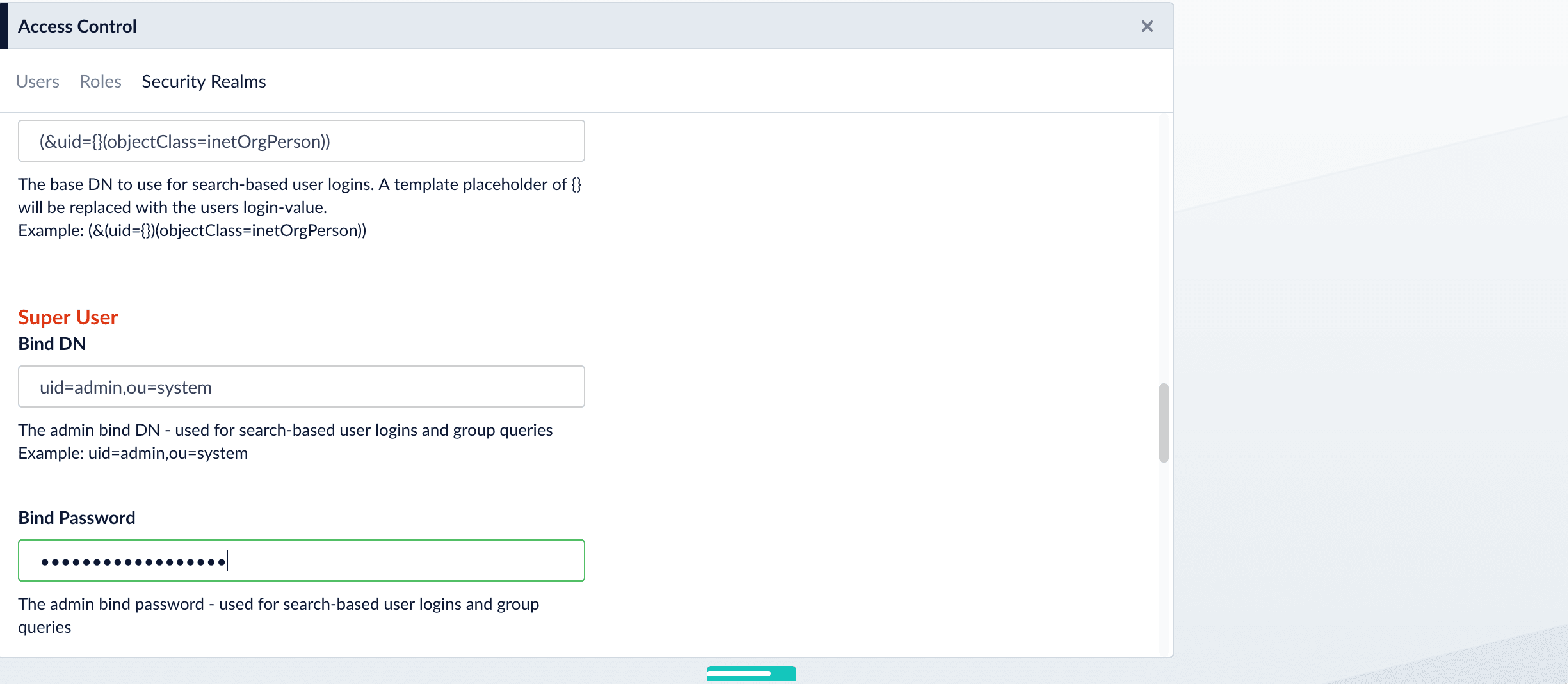 specify bind information for the superuser