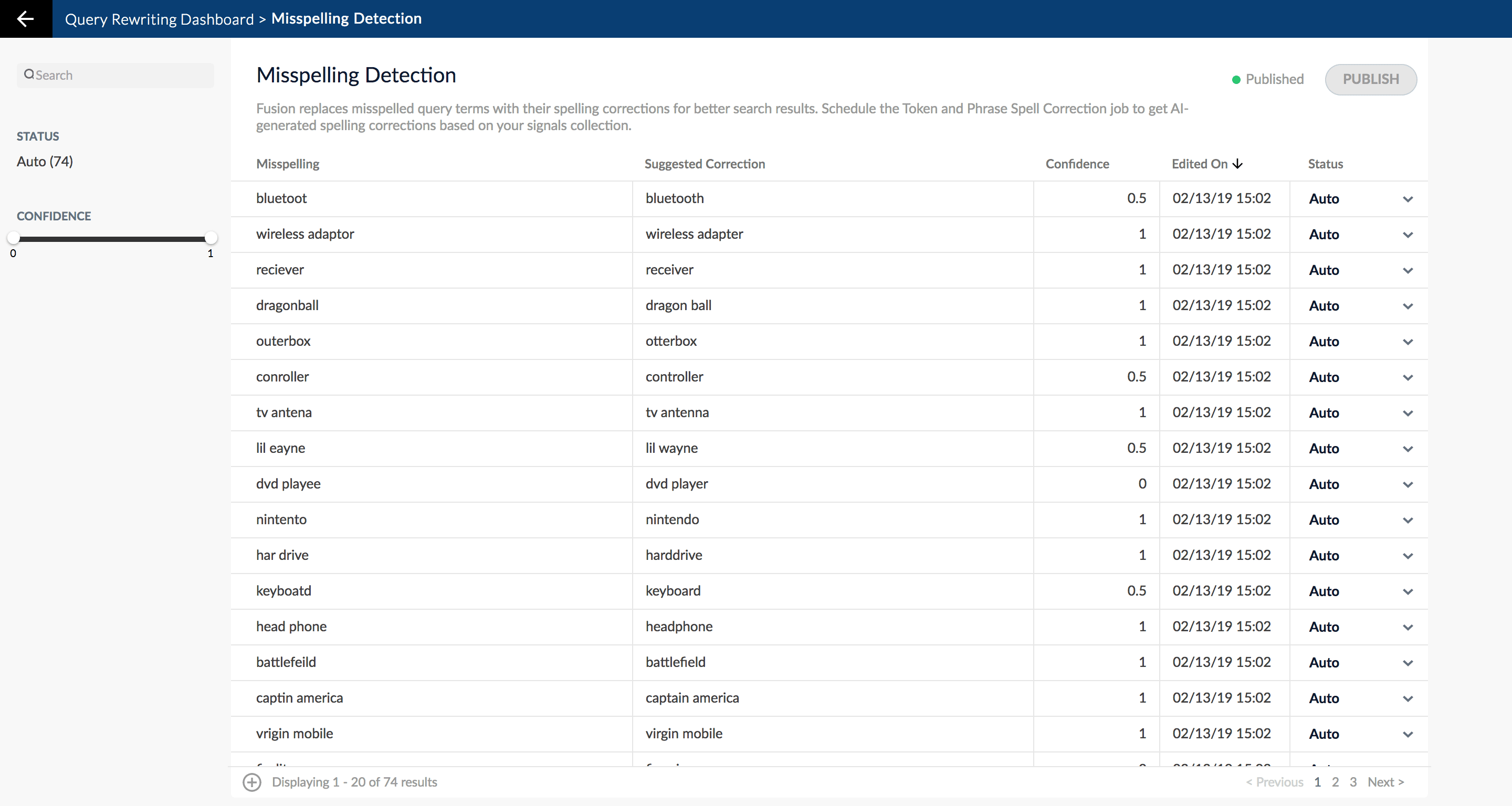 Misspelling Detection screen