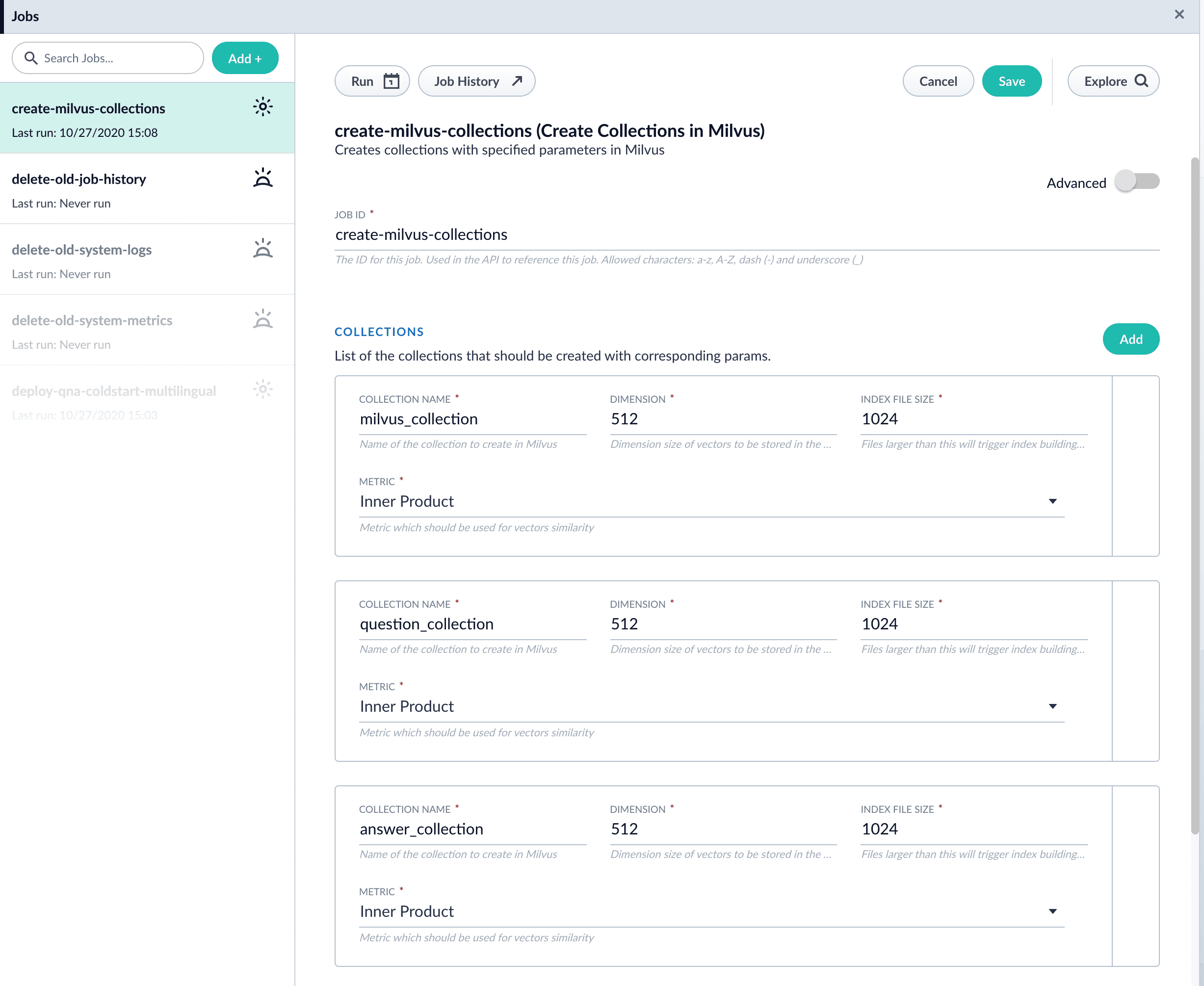 Create Collections in Milvus job