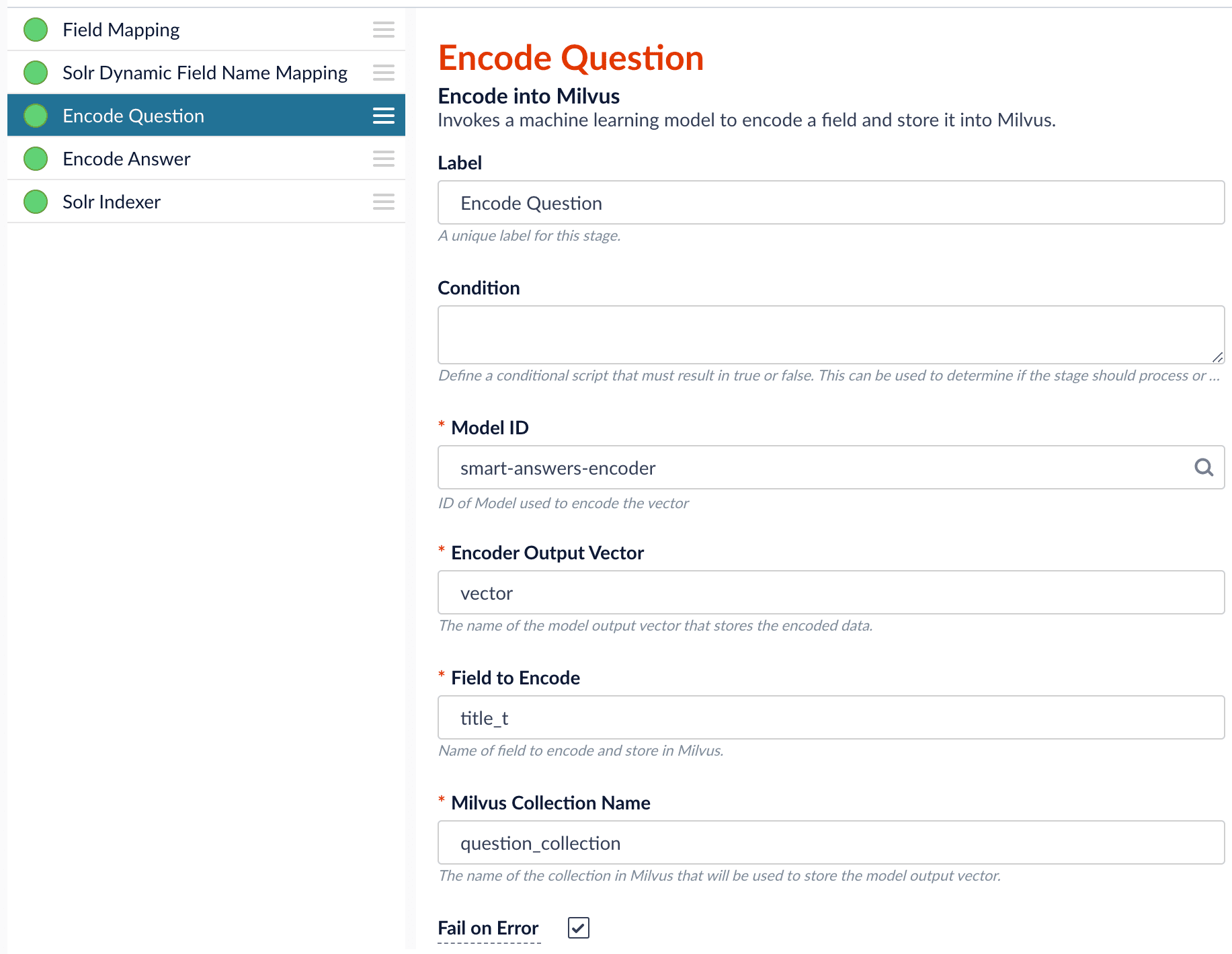 Pipeline setup example - Encode Question stage