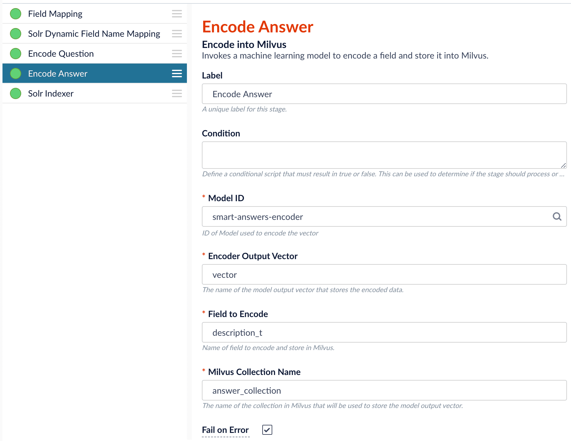 Pipeline setup example - Encode Answer stage