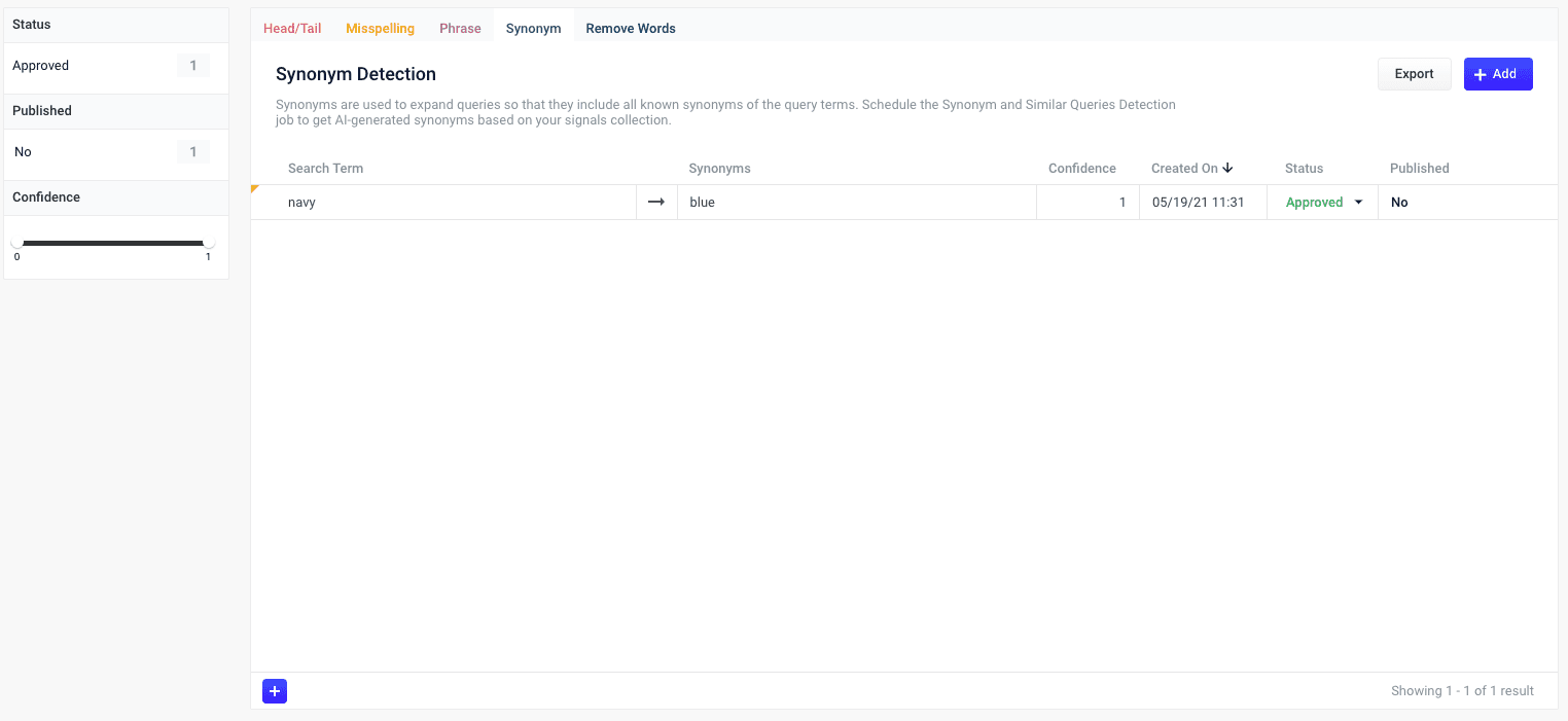 Synonym Detection screen