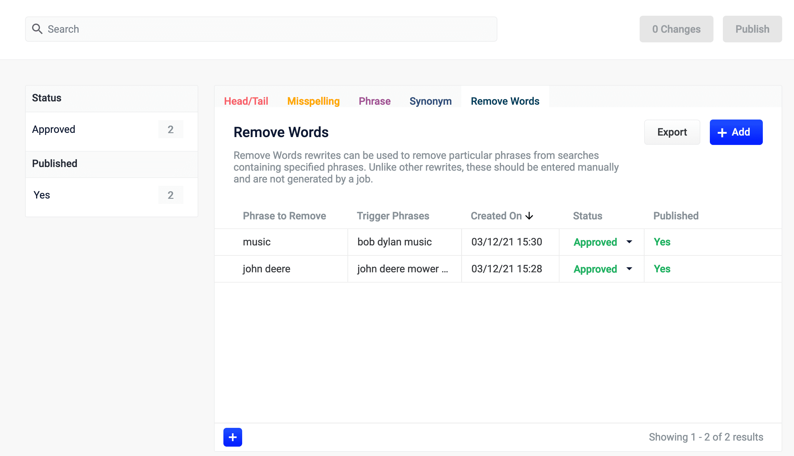 Remove Words screen