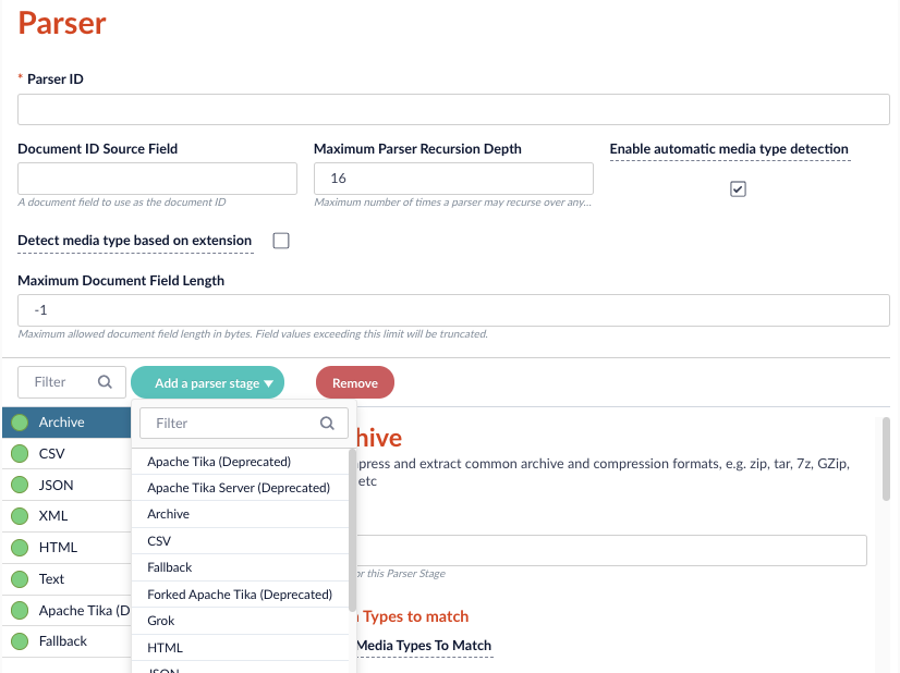 Parser configuration screen
