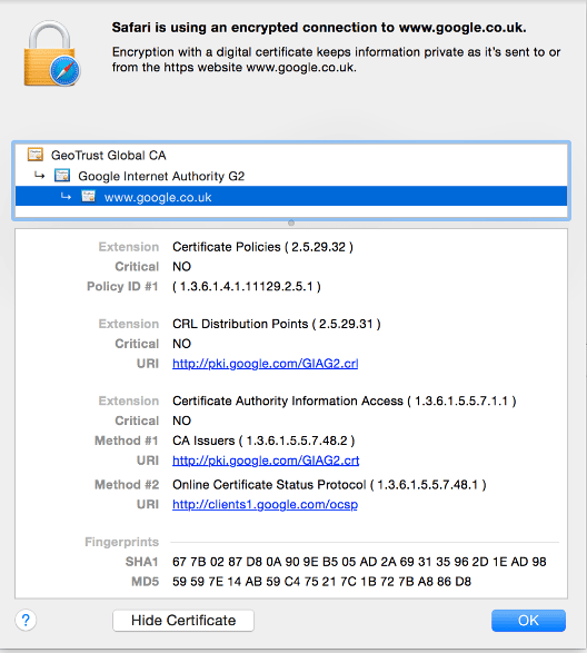 Safari’s certificate information