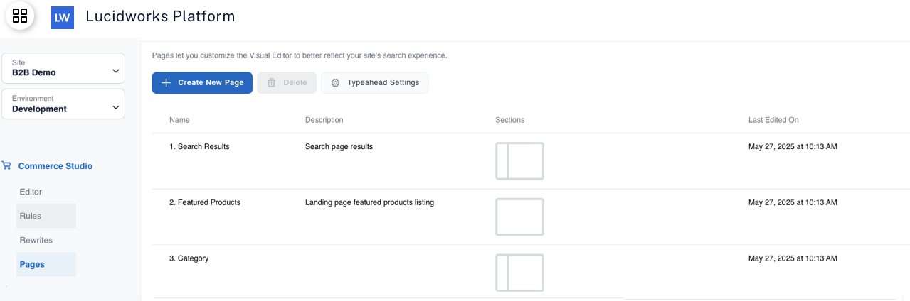 Commerce Studio Pages main screen